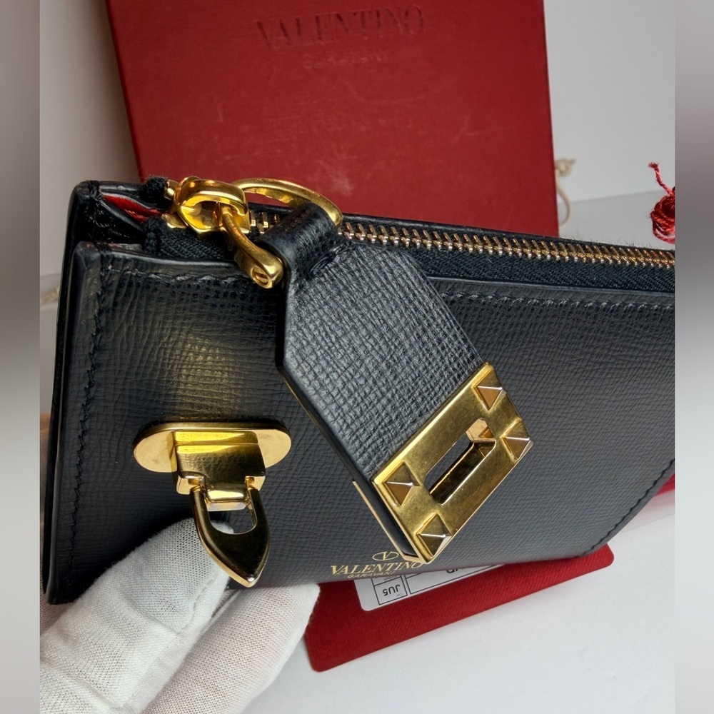Valentino Garavani Rockstud Zipper Coin Purse Cardholder Grainy Calfskin Leather - Picture 7 of 12
